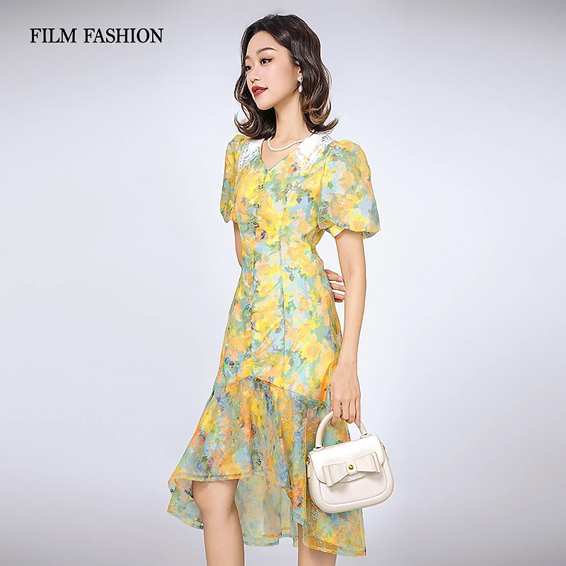 一电影一时装夏季轻薄翻领抽褶鱼尾裙女显瘦裙子连衣裙FENL122606