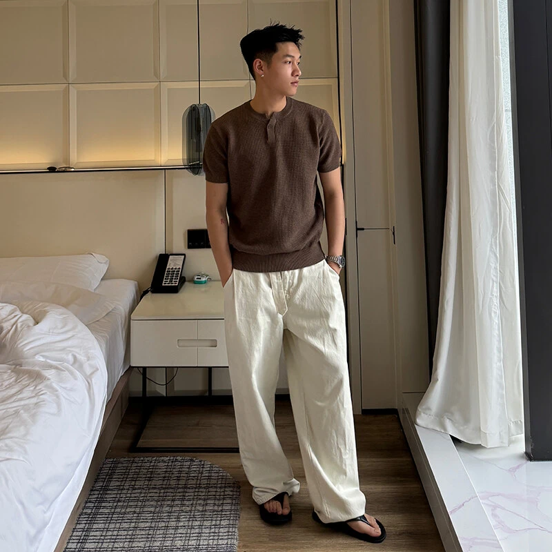 针织短袖V领Polo衫男夏季高级感亨利领运动健身收口袖弹力T恤上衣