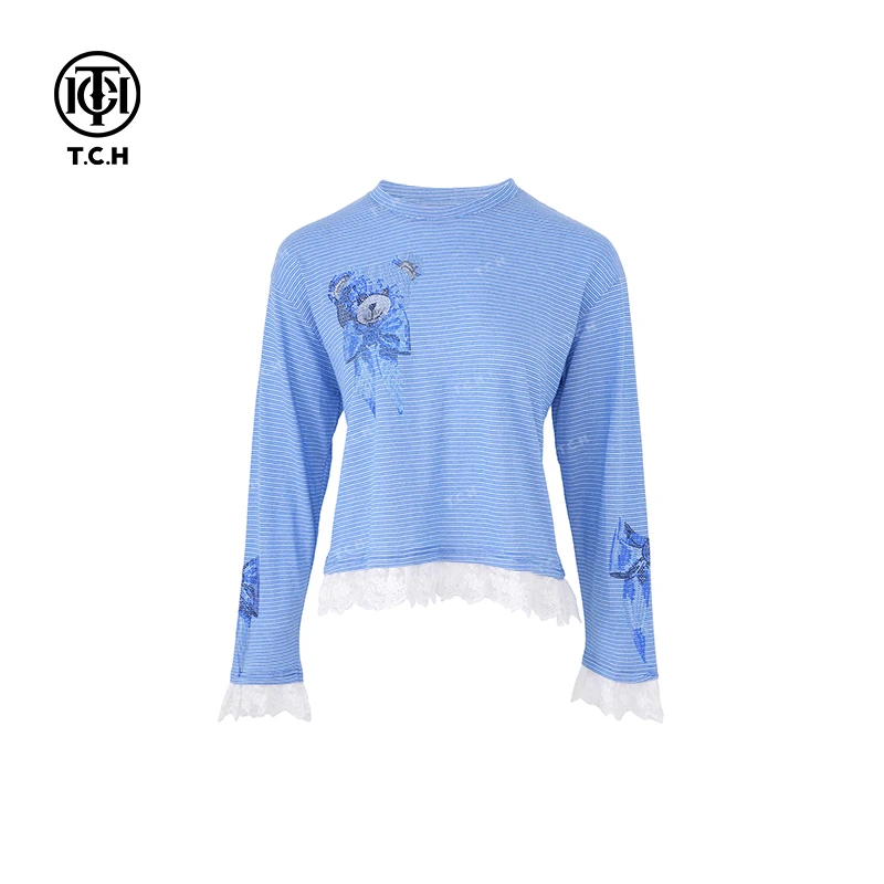 TCH现货私服烫钻工艺时尚百搭蓝条纹小熊T恤女T75A08E5012轻奢tch