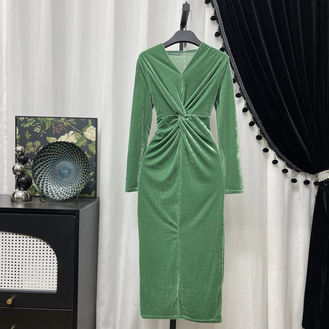 薄荷绿金丝绒长款修身包臀连衣裙名媛气质款礼服-麻花