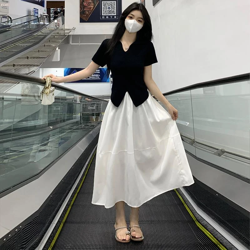 法式短袖修身针织衫女2025新款春季大码胖mm收腰显瘦半身裙两件套