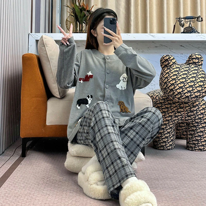 【格子小狗】卡通羊绒保暖睡衣女甜美可爱长袖冬宽松家居服套装 整