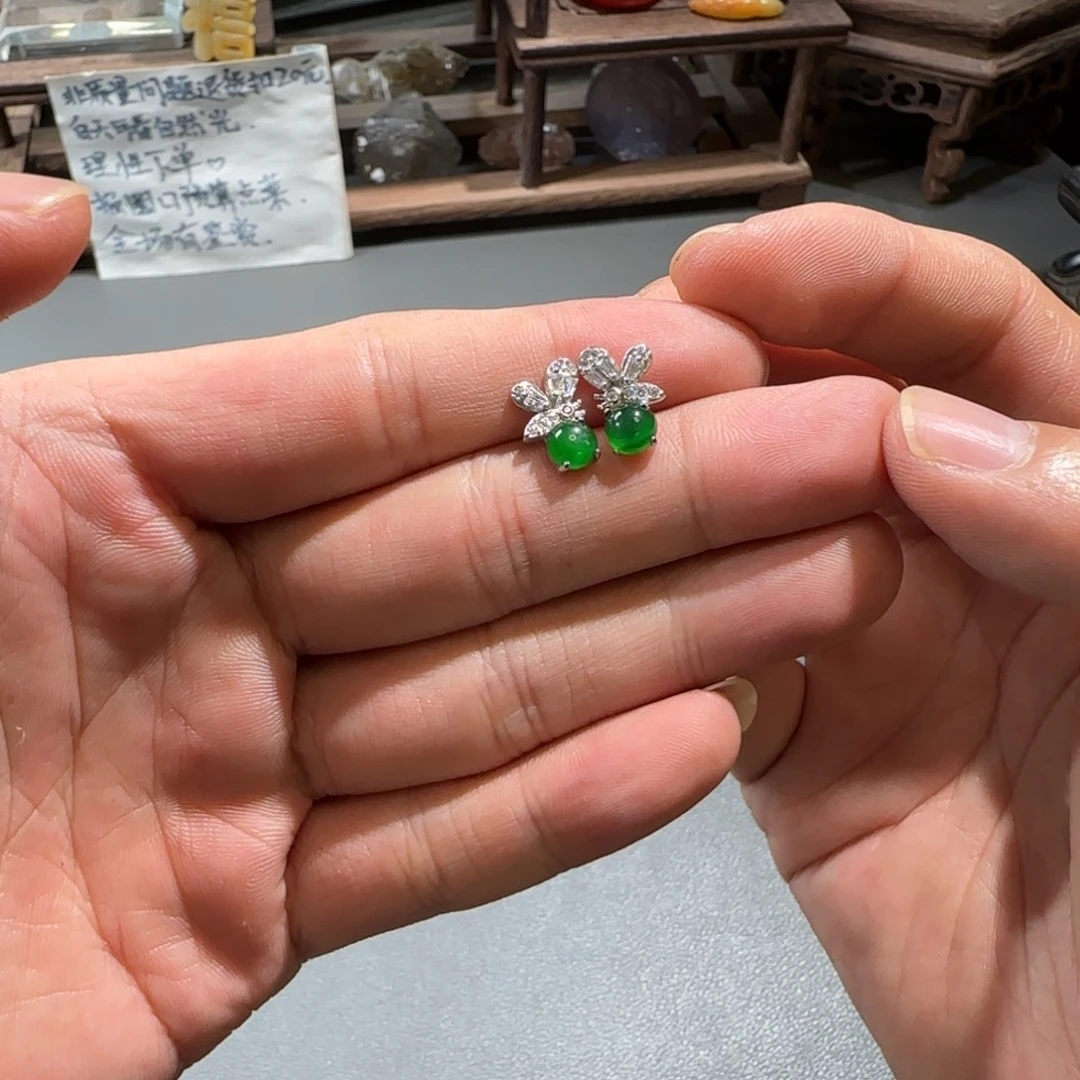 翡翠银S925镶嵌耳饰翡翠危料