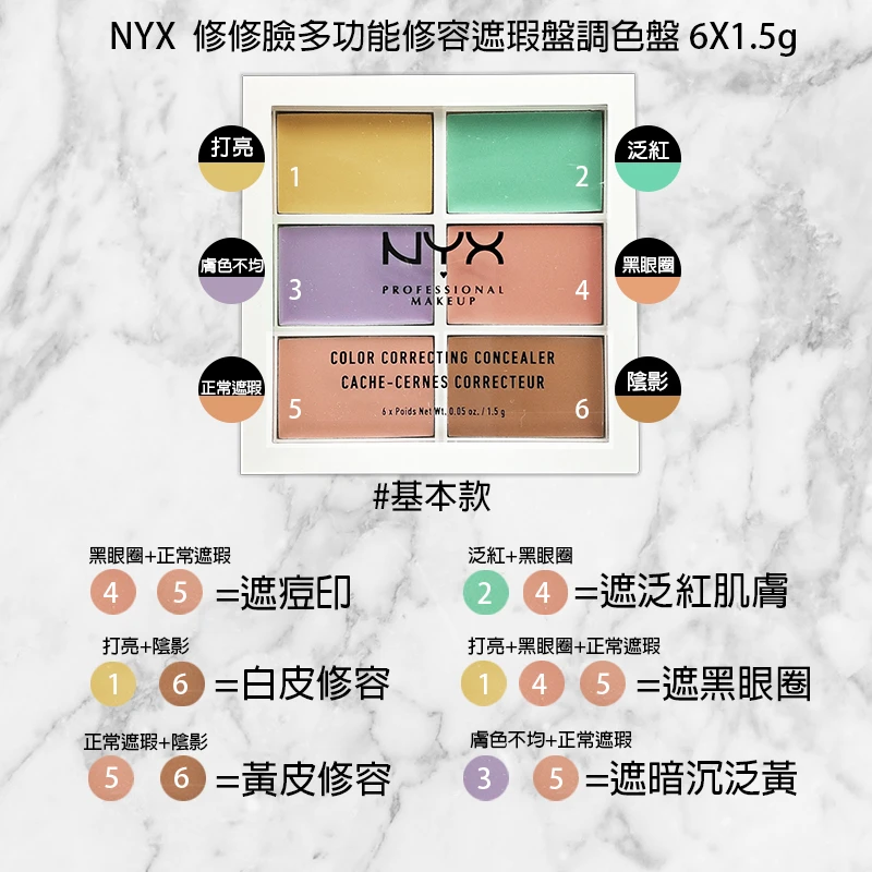 美国NYX6色遮瑕盘高光修容遮盖痘印黑眼圈斑点六色遮瑕膏红血nyx