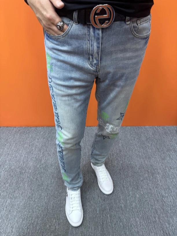 春夏季牛仔长裤印花修身小脚牛仔裤蓝色时尚韩版个性弹力牛仔裤