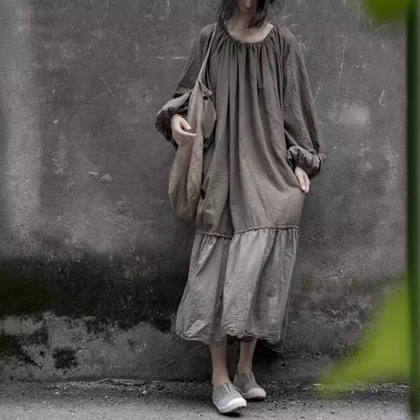 山千念壹秋季灯笼袖宽松显瘦拼色袍子棉麻文艺老钱风松弛感女装
