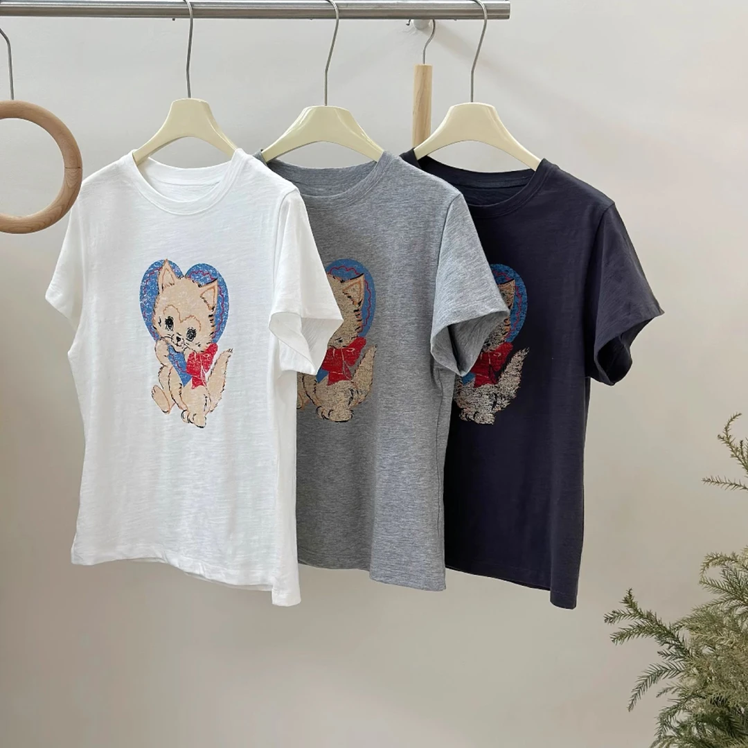 专柜捡漏~夏季新款洋气卡通猫咪印花纯棉短袖T恤女宽松休闲上衣薄