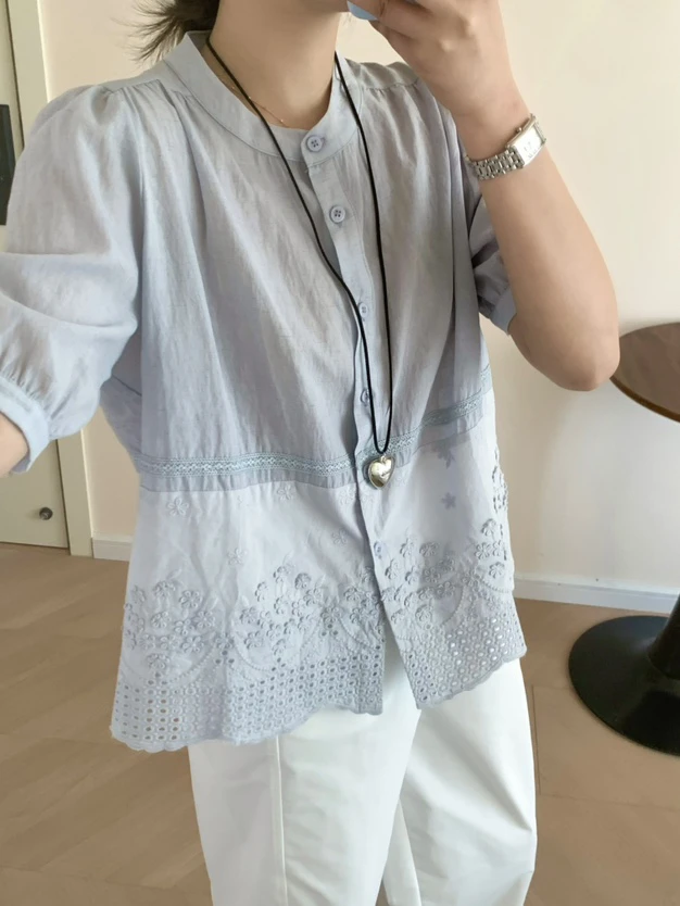 花家/ 2025亚麻下摆花边纯色夏季休闲风衬衫宽松复古小众镂空百搭