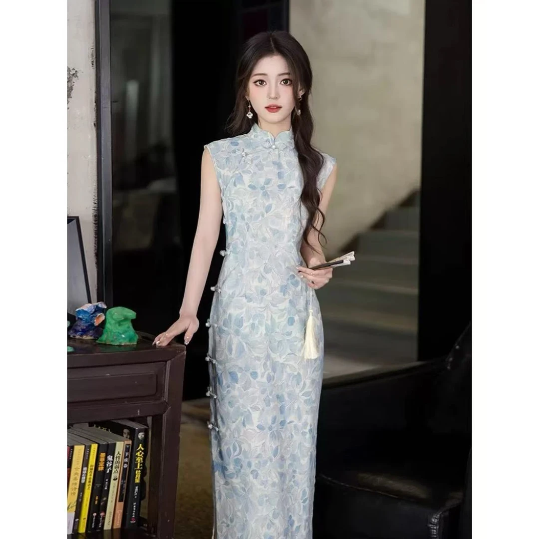【C58】2025新中式印花蓝色旗袍夏季新款显瘦日常可穿气质