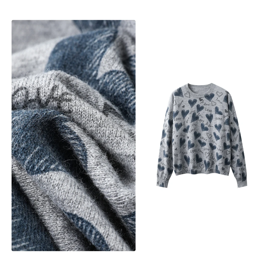 B 门店5&9/9！爱心毛衣」慵懒感绵羊毛印花长袖针织衫上衣女 T4773