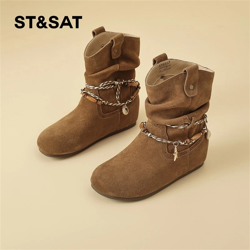 星期六西部靴女2025秋季新款串珠复古堆堆靴舒适显瘦内增高时装靴