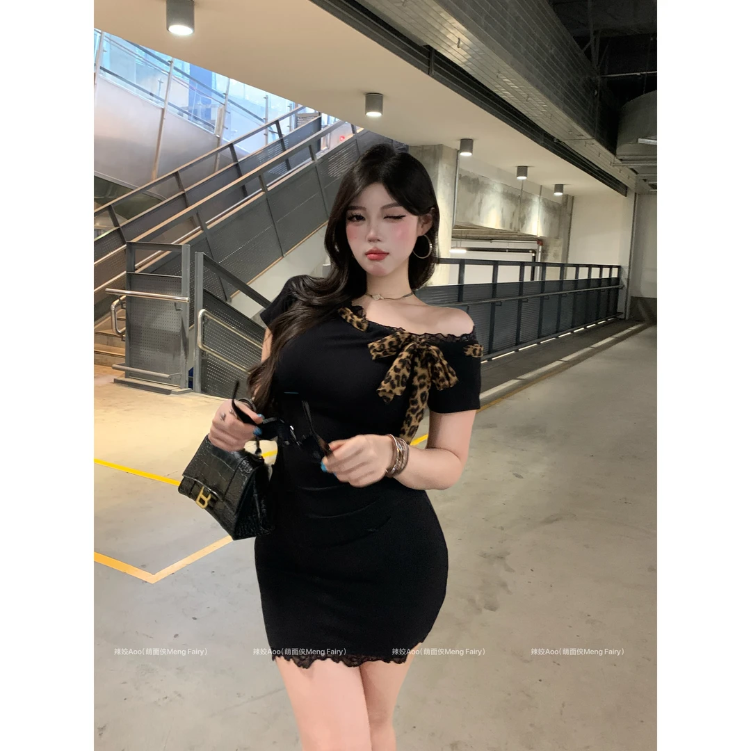 清清/萌面侠辣姣【豹纹蝶影】豹纹绑带斜肩连衣裙女微胖包臀裙6241C