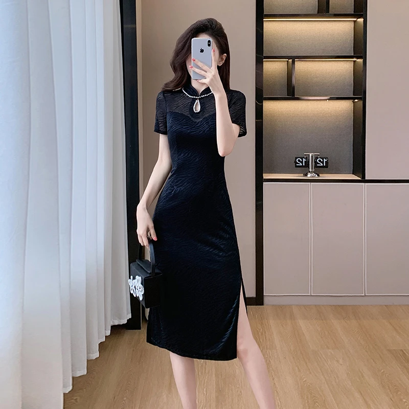 夏季名媛优雅改良开叉连衣裙女显瘦气质时尚收腰中国风修身包臀裙