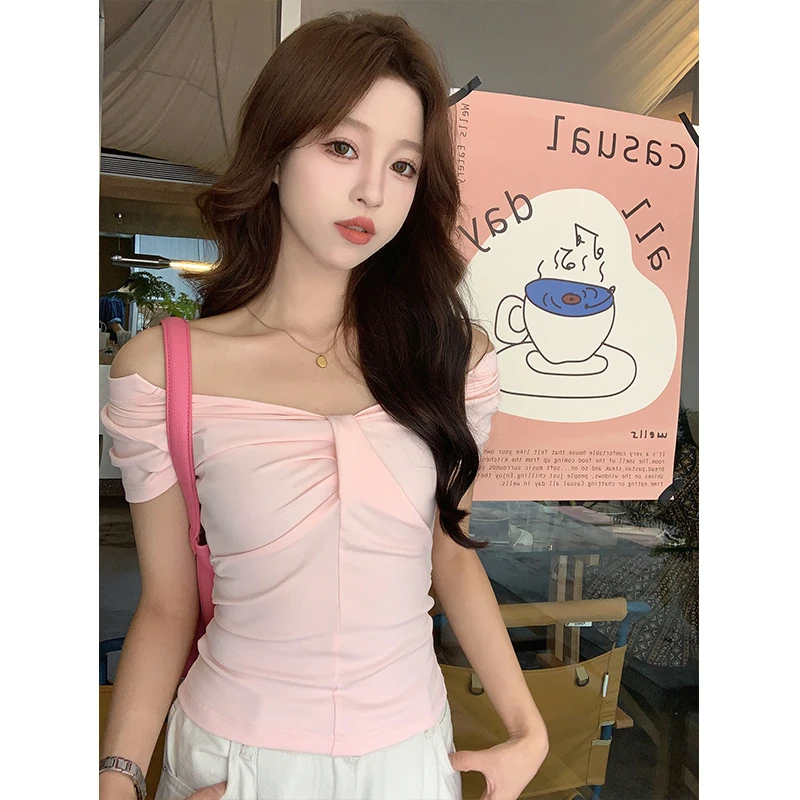 美式复古辣妹两穿一字肩短袖女夏季2025新款修身显瘦V领短款上衣