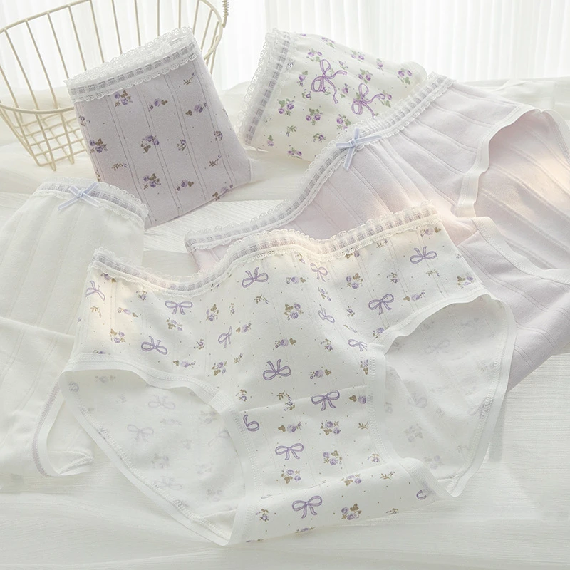 加长裆内裤少女A类婴儿棉紫色蝴蝶结碎花中腰抗菌透气亲肤三角裤