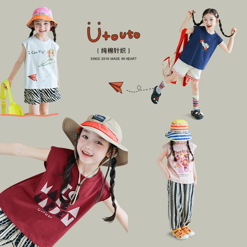 utouto大耳象女童印花无袖T恤2025夏季新款百搭薄款上衣2503749