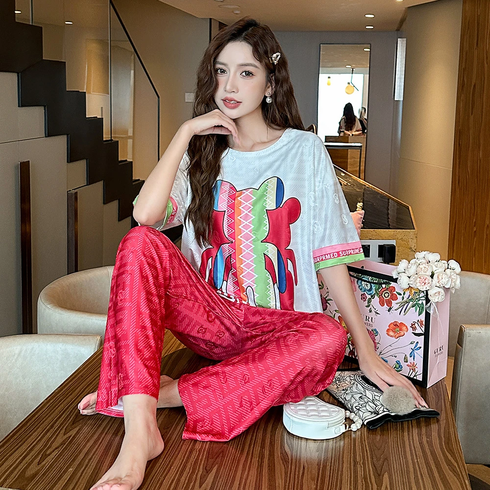 带胸垫夏季提花睡衣女短袖薄款三件套宽松卡通休闲家夏天居服套装