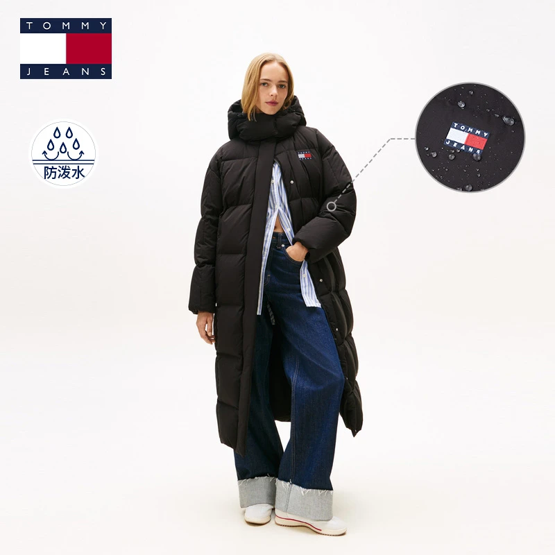 【防泼水】Tommy25冬女出游旅行绗缝90绒可脱卸帽长款羽绒服21977