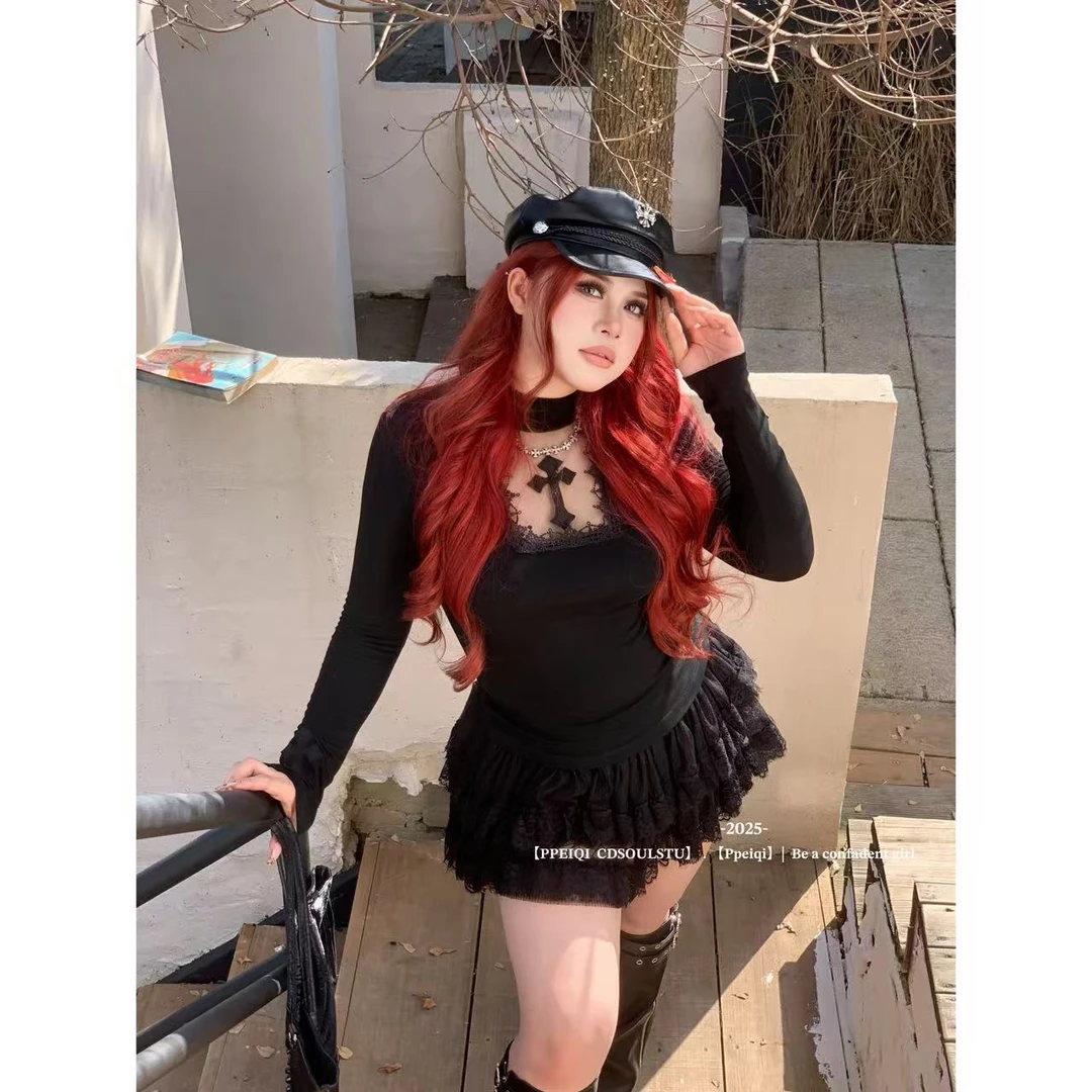 【PPEIQI】"晓奇物语" 微胖美式十字架镂空微透女秋冬季辣妹长袖