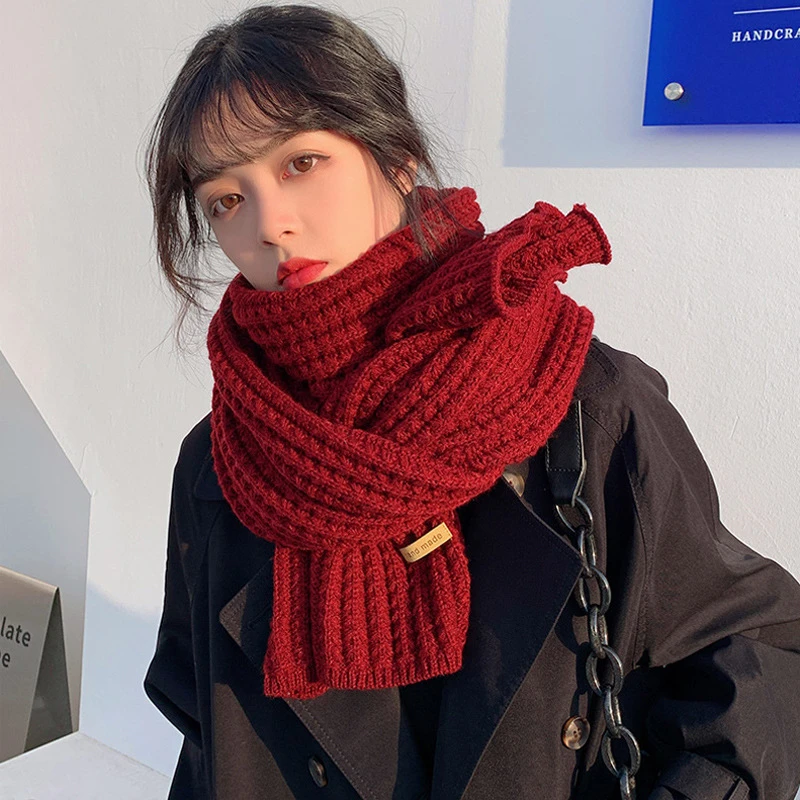 百搭韩版纯色针织毛线围巾红色新款冬季可爱少女保暖情侣围脖学生