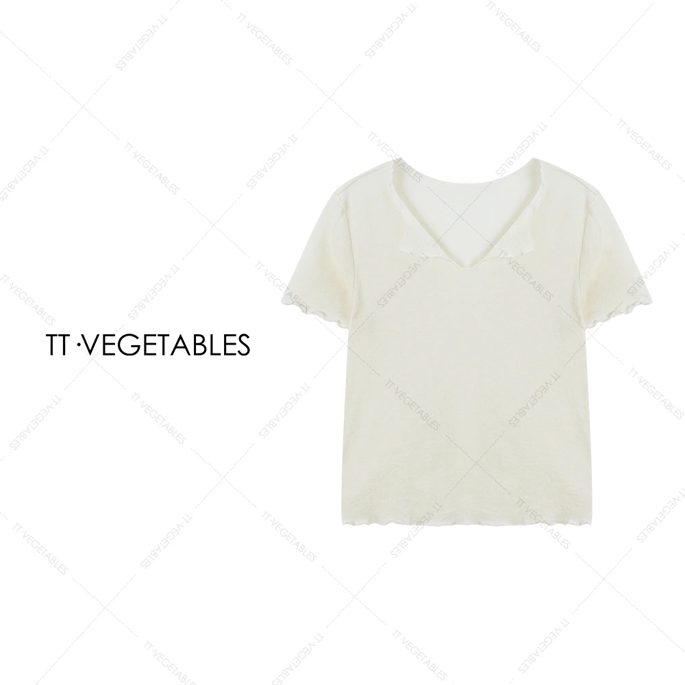 东洲  新款春夏款时尚百搭休闲薄款纯羊毛短袖v领纯色T恤511653