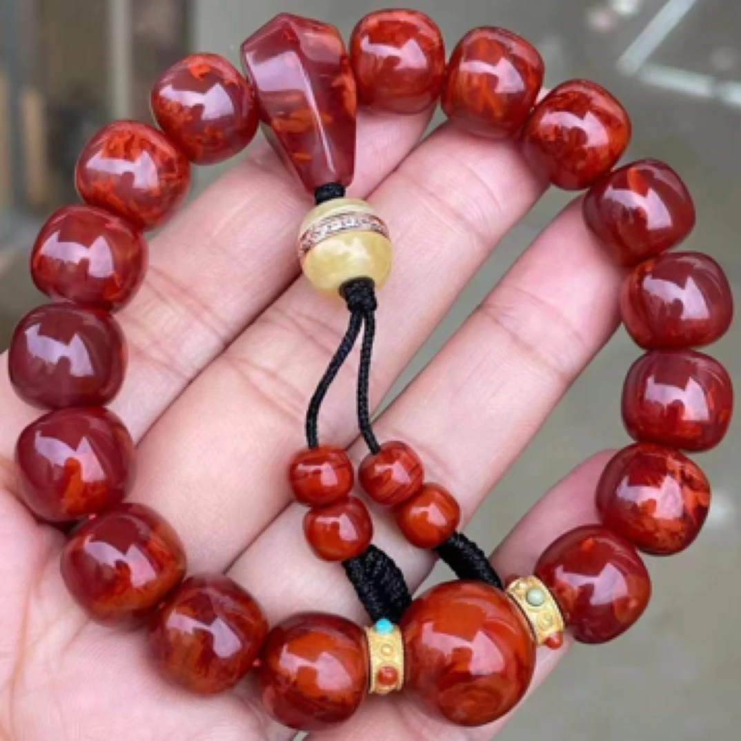 天然瓦西南红老型珠手串 12mm满色满肉鸽血红底色 火焰妖娆