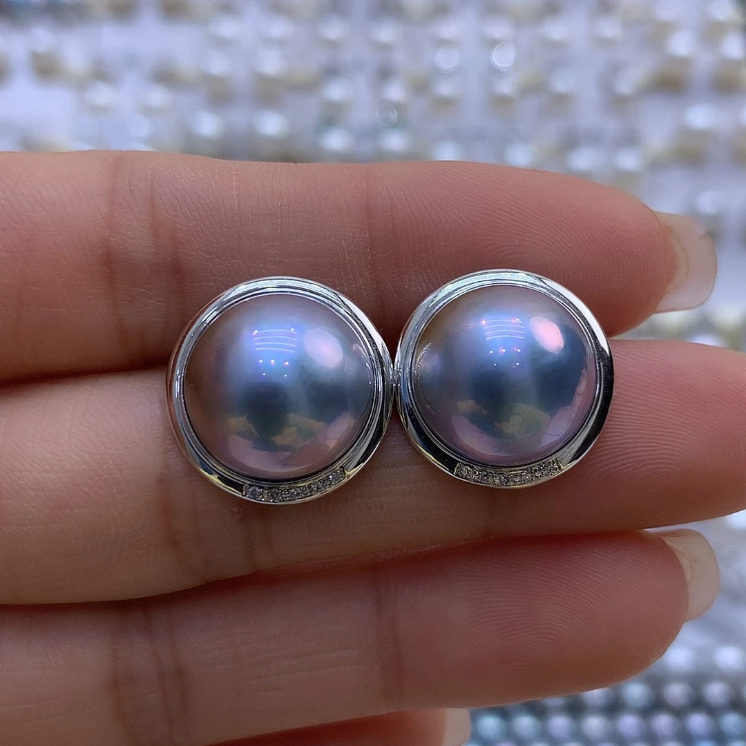 18K金镶嵌耳饰拼合珍珠（马贝珠）14/15mm