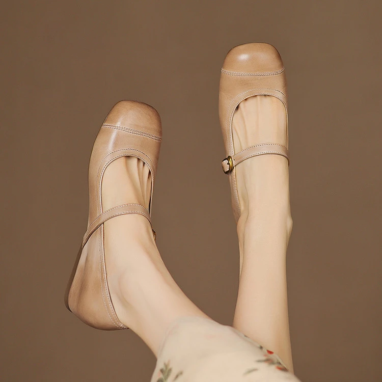 水洗牛皮！暗红色平底单鞋女2025新款真皮圆头一字带玛丽珍鞋