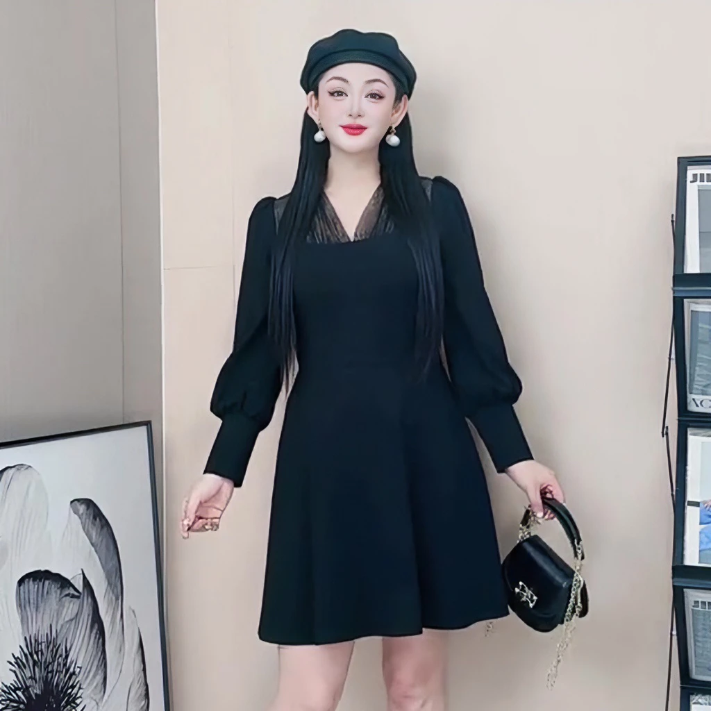 2839秋款气质连衣裙高级感大码女装法式小黑裙复古裙子收腰显瘦