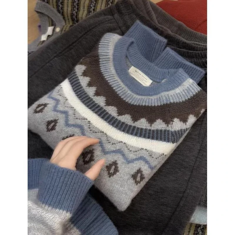 七言家 冬日费尔岛！灰蓝提花圆领秋冬洋气加厚毛衣
