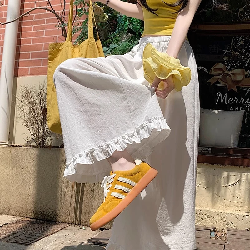 新韩版慵懒风木耳花边休闲阔腿裤女夏季小个子宽松九分直筒裤子