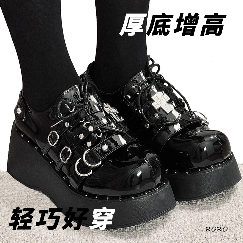 松糕厚底鞋千禧Y2K暗黑亚文化朋克十字架辣妹皮鞋圆头单鞋女