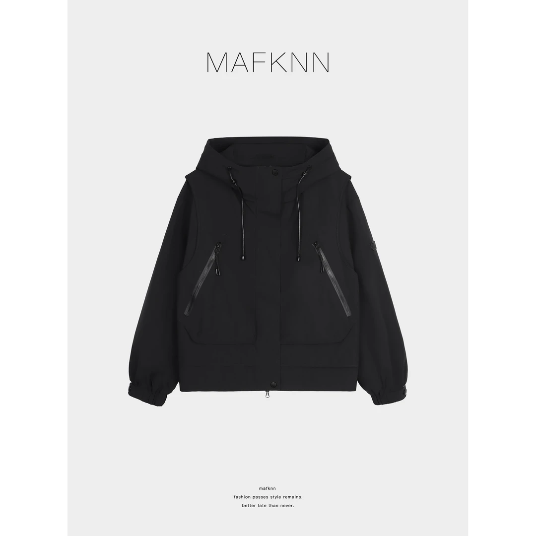 MAFKNN/玛肯时尚休闲简约纯色百搭拉链带帽冲锋衣外套MK13111