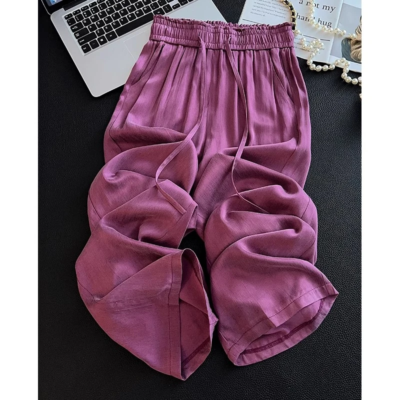 紫色铜氨丝阔腿裤女夏薄款防晒凉凉裤高级感冰丝缎面抖抖裤直筒裤