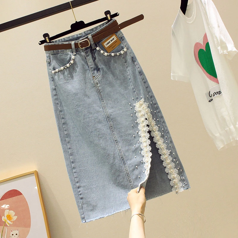 开叉钉珠花边牛仔半身裙女2025春夏新款高腰显瘦百搭中长款包臂裙