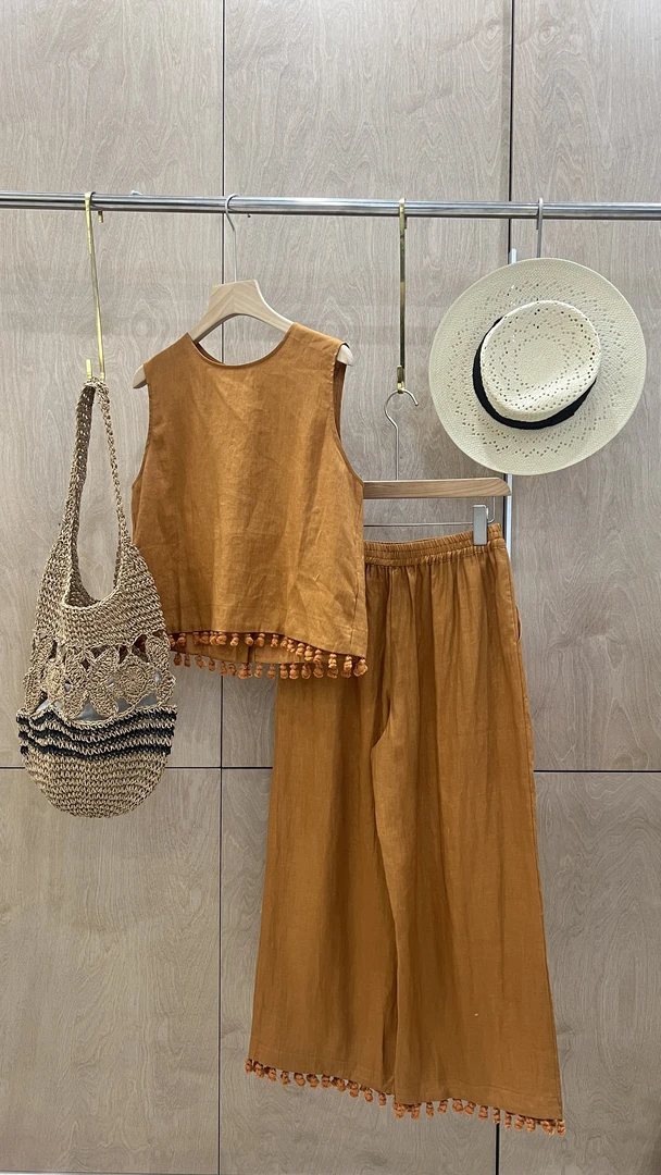 【諾糸.哲学】流苏森语：夏日慵懒风时尚百搭无袖亚麻套装TZ046