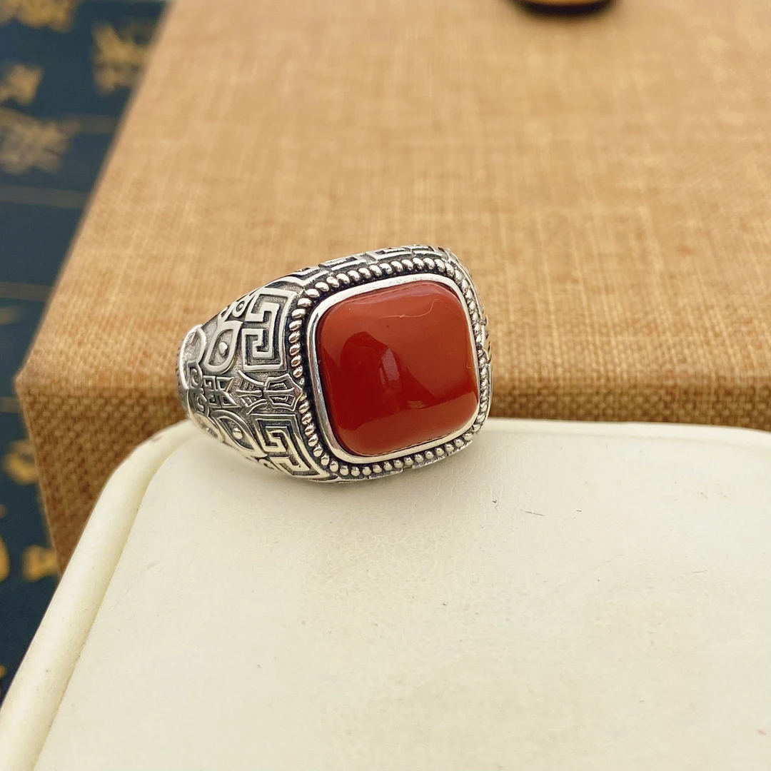 南红玛瑙银戒指男士戒指大气奢华气质四方来财