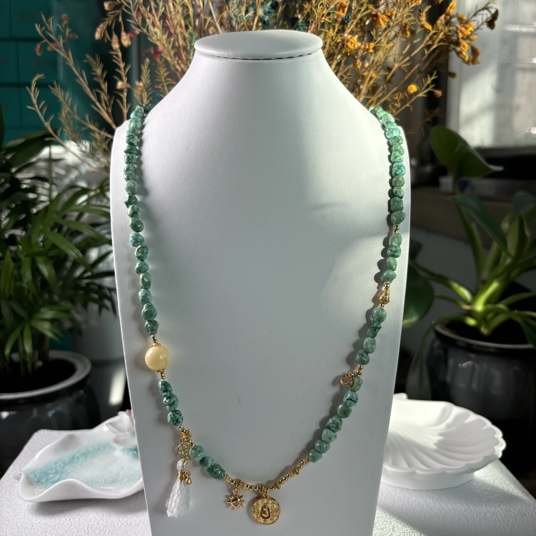 899｜天然绿松石S925银镀金项链