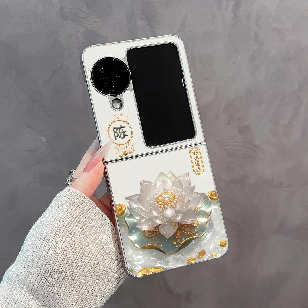 适用【OPPOFINDN3FLIP】好运莲莲百家姓电镀玻璃气质优雅手机壳女款