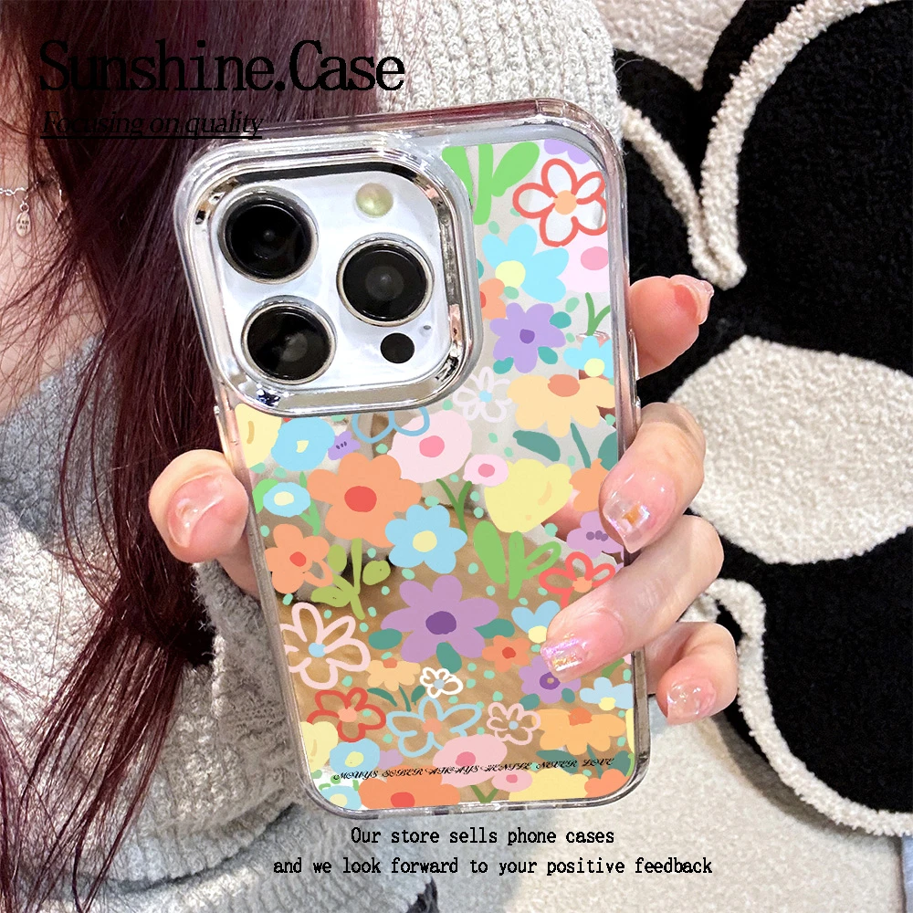 可爱花朵镜面手机壳电镀框适用苹果16pro/15华为oppo小米vivo