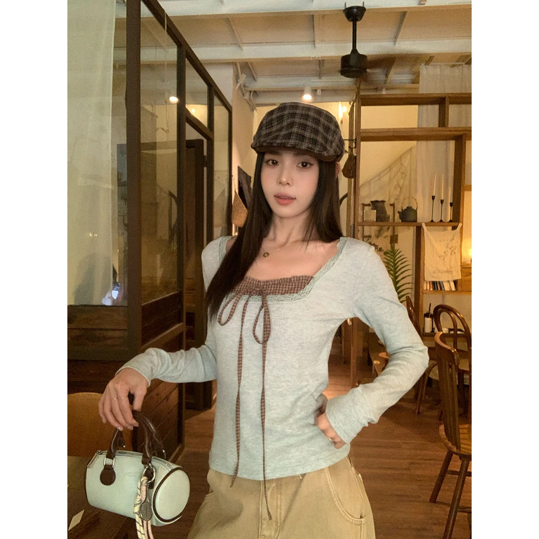 宋正恩1/4 10:00AM上新【浅绿韩系假两件格纹系带方领针织内搭】