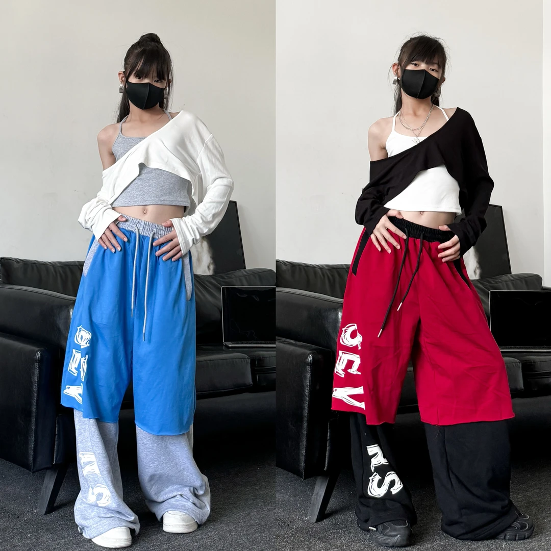 春秋新款潮酷女童爵士舞罩衣背心假两件卫裤少儿街舞演出服套装