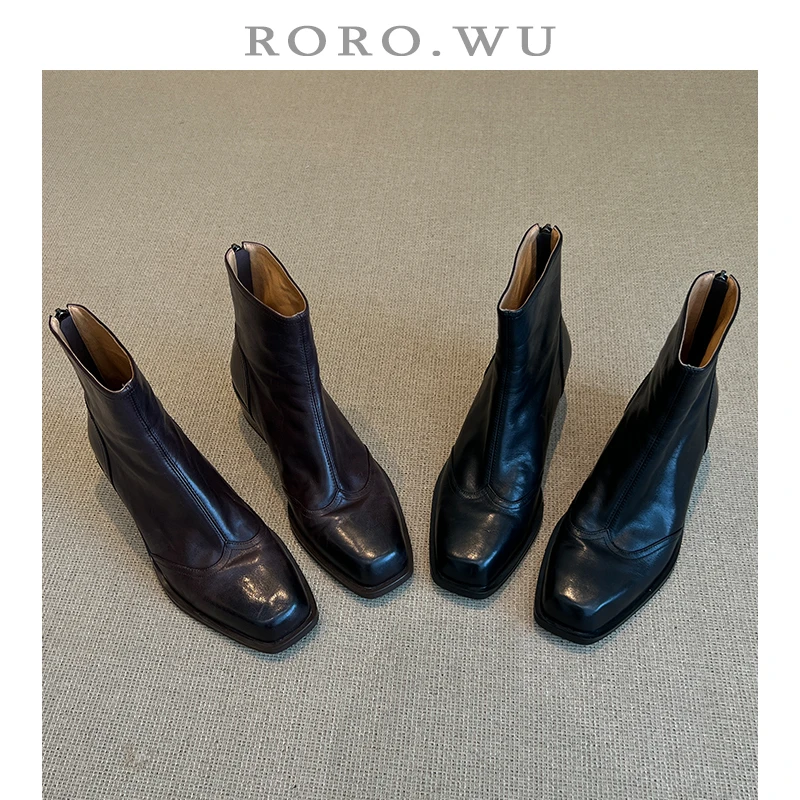 娆娆吴·头层牛皮复古简约气质短款靴秋冬时尚百搭切尔西靴X371