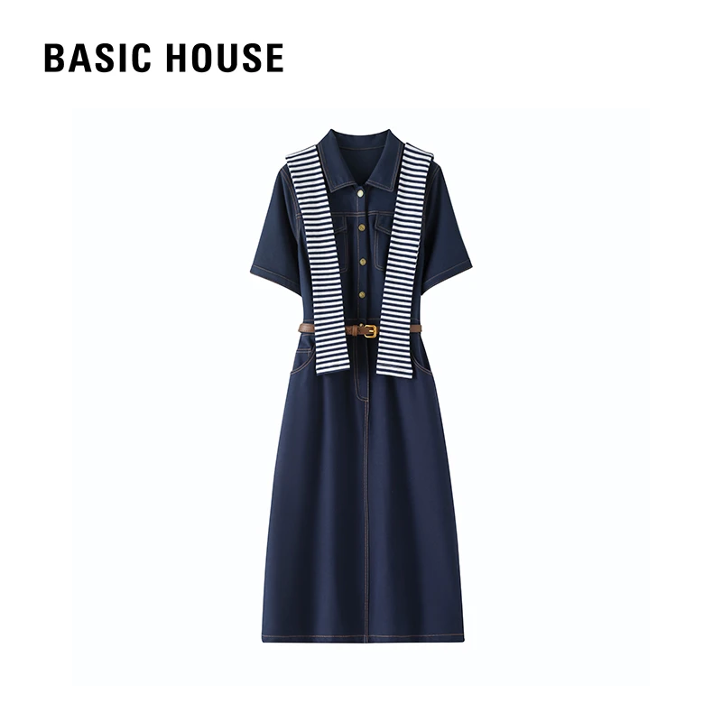 Basic House/百家好夏季新款气质显瘦收腰百搭休闲连衣裙女小