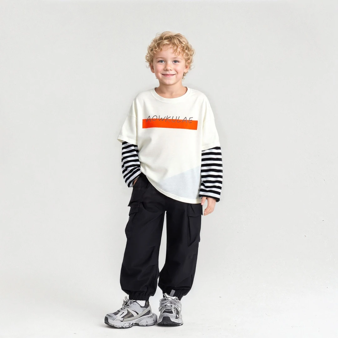 清货男童长袖T恤2025春秋韩版潮中大童圆领假两件儿童打底衫