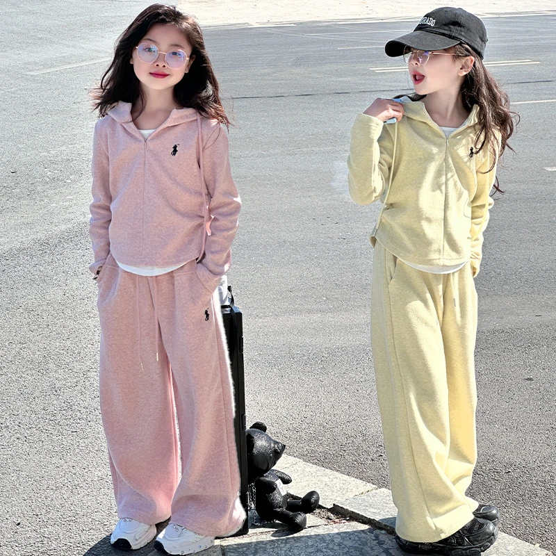 女童运动服套装2025新款大童时髦纯色休闲卫衣直筒裤两件套春秋装
