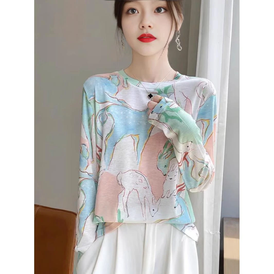 夏季新款天丝防晒打底衫女轻奢亲肤透气彩色印花薄款圆领针织上衣