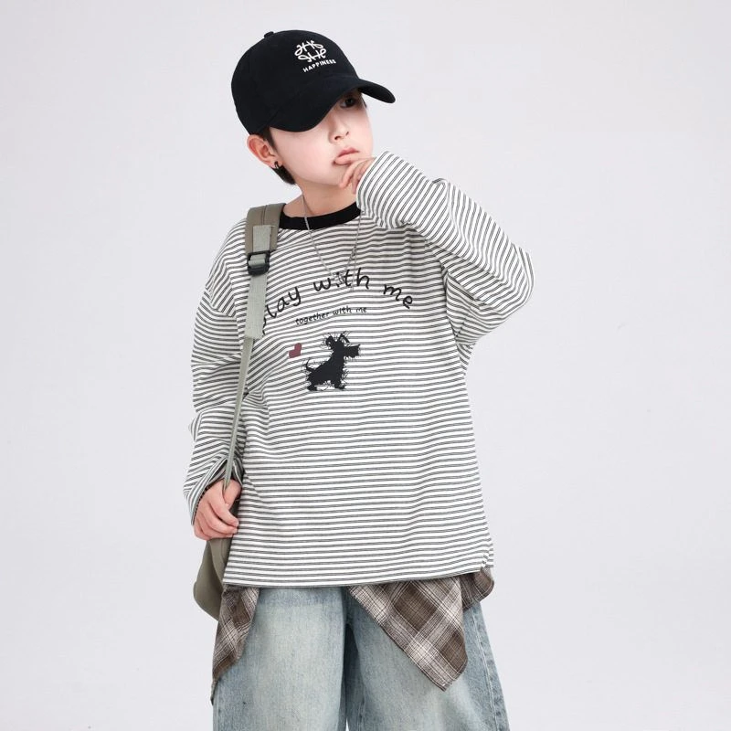 男大童春秋韩系条纹长袖宽松T恤2025新款儿童男孩春装卡通上衣潮