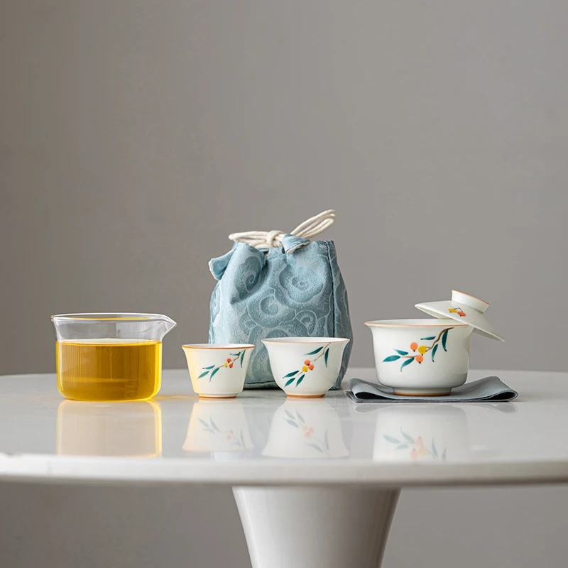 草木灰手绘旅行茶具可悬停盖碗陶瓷便携车载户外露营泡茶功夫茶具