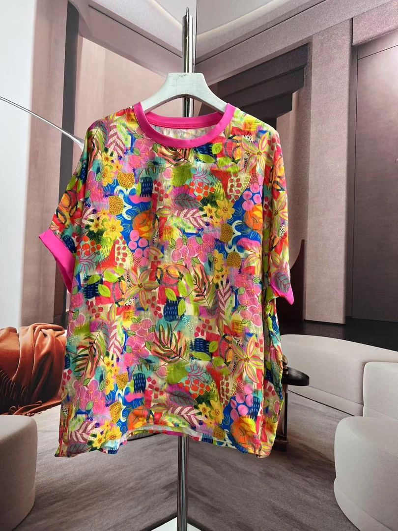 碎叶印花印花2025新款春装韩国原版大码女装洋气百搭宽松上衣